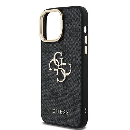 iPhone 14 Pro Max Kılıf Guess Orijinal Lisanslı PU Deri 4G Desenli Metal Büyük 4G ve Yazı Logolu Kamera Standlı Kılıf