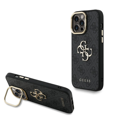 iPhone 14 Pro Max Kılıf Guess Orijinal Lisanslı PU Deri 4G Desenli Metal Büyük 4G ve Yazı Logolu Kamera Standlı Kılıf