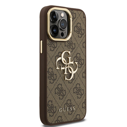 iPhone 14 Pro Max Kılıf Guess Orijinal Lisanslı PU Deri 4G Desenli Metal Büyük 4G ve Yazı Logolu Kamera Standlı Kılıf