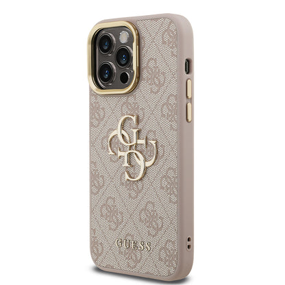 iPhone 14 Pro Max Kılıf Guess Orijinal Lisanslı PU Deri 4G Desenli Metal Büyük 4G ve Yazı Logolu Kamera Standlı Kılıf