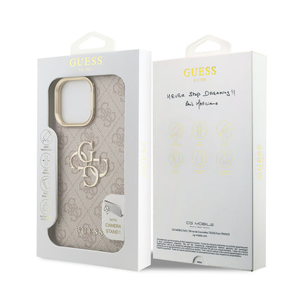 iPhone 14 Pro Max Kılıf Guess Orijinal Lisanslı PU Deri 4G Desenli Metal Büyük 4G ve Yazı Logolu Kamera Standlı Kılıf