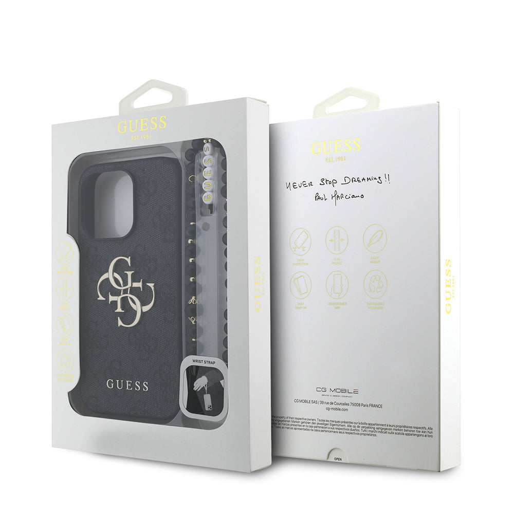 iPhone 14 Pro Max Kılıf Guess Orijinal Lisanslı PU Deri Bilek Askı İpli Metal Büyük 4G ve Yazı Logolu Kılıf