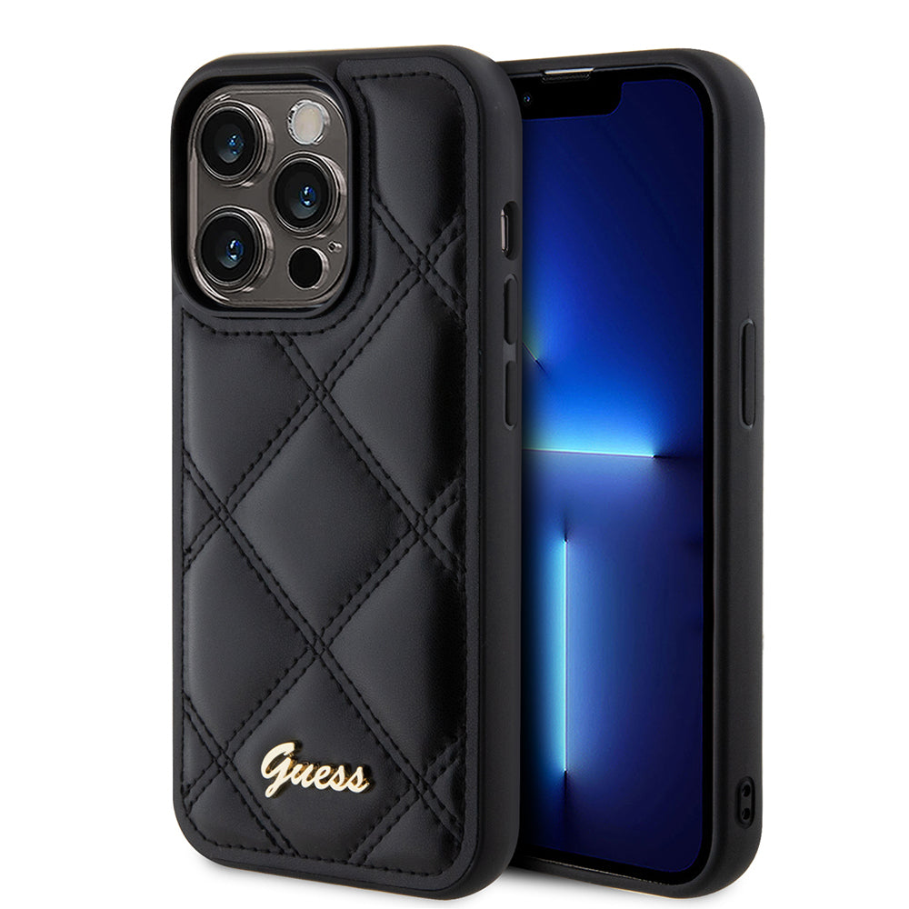 iPhone 14 Pro Max Kılıf Guess Orijinal Lisanslı PU Deri Metal Yazı Logolu Kapitone Kılıf