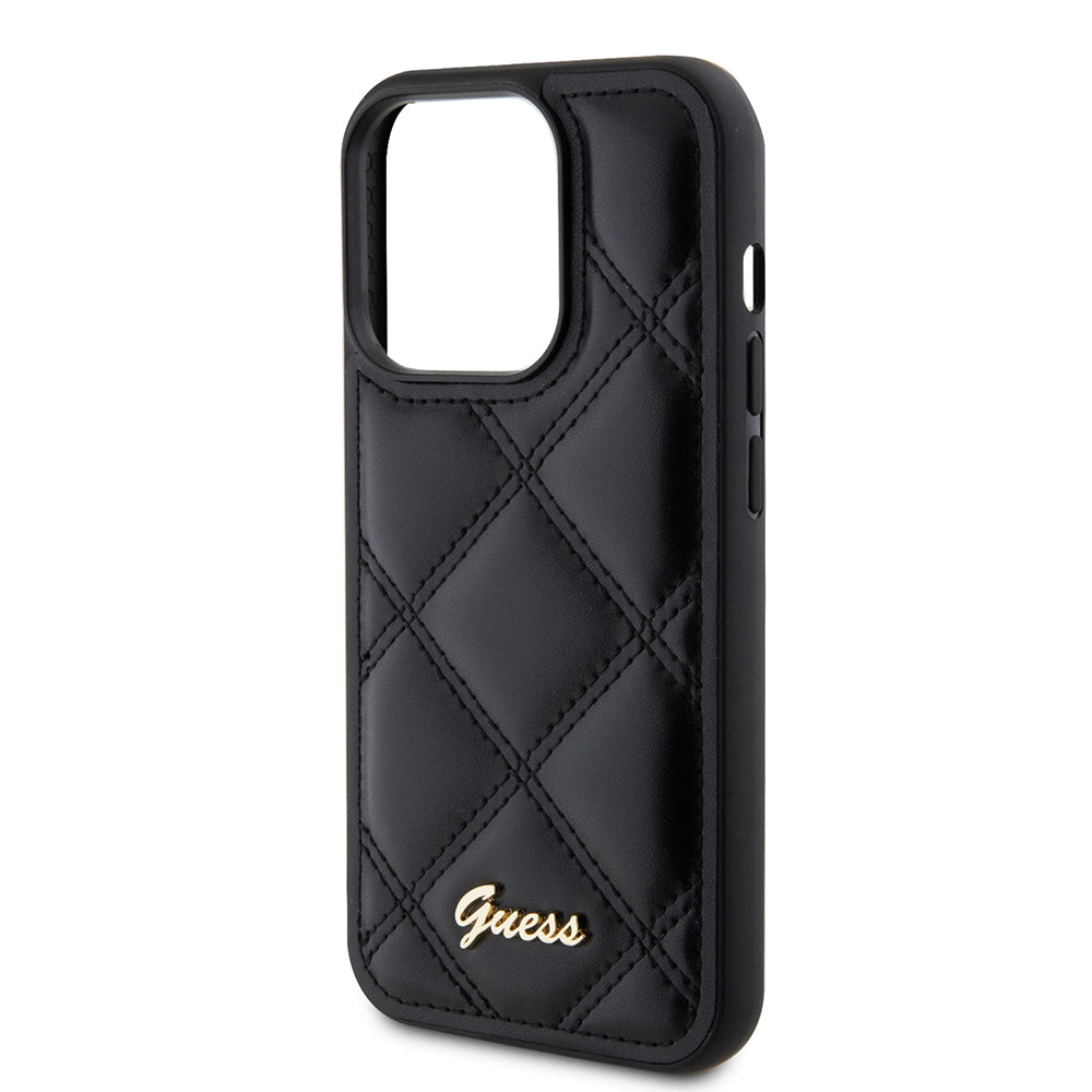 iPhone 14 Pro Max Kılıf Guess Orijinal Lisanslı PU Deri Metal Yazı Logolu Kapitone Kılıf