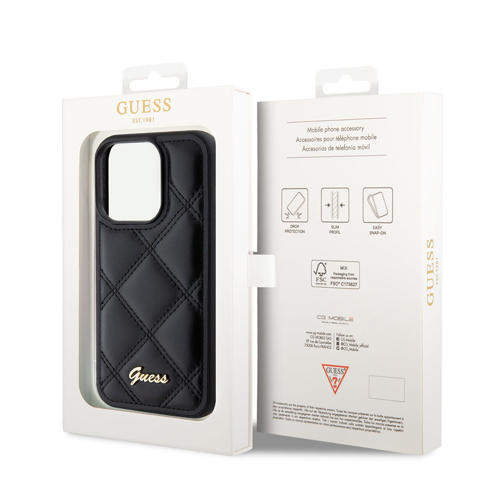 iPhone 14 Pro Max Kılıf Guess Orijinal Lisanslı PU Deri Metal Yazı Logolu Kapitone Kılıf