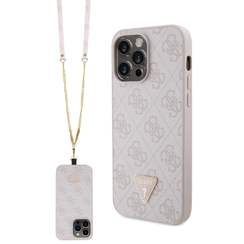 iPhone 14 Pro Max Kılıf Guess Orijinal Lisanslı PU Deri Taşlı Metal Üçgen Logolu Çapraz Vücut Askılı 4G Desenli Kılıf