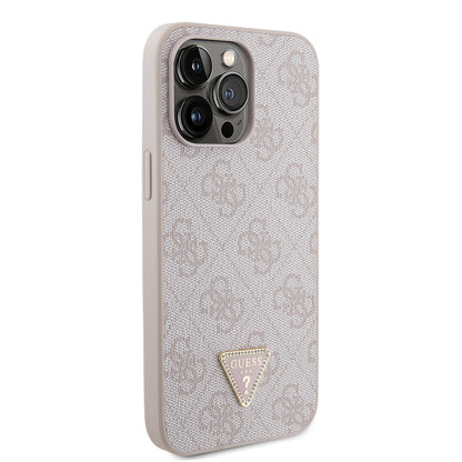 iPhone 14 Pro Max Kılıf Guess Orijinal Lisanslı PU Deri Taşlı Metal Üçgen Logolu Çapraz Vücut Askılı 4G Desenli Kılıf