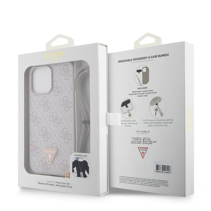 iPhone 14 Pro Max Kılıf Guess Orijinal Lisanslı PU Deri Taşlı Metal Üçgen Logolu Çapraz Vücut Askılı 4G Desenli Kılıf