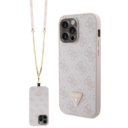 iPhone 14 Pro Max Kılıf Guess Orijinal Lisanslı PU Deri Taşlı Metal Üçgen Logolu Çapraz Vücut Askılı 4G Desenli Kılıf