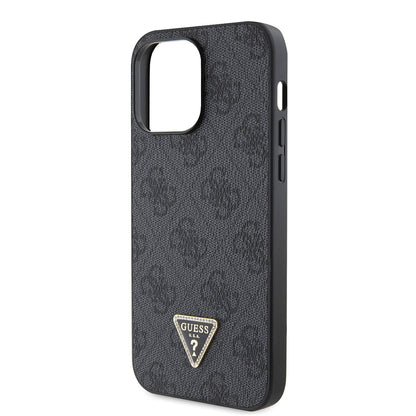 iPhone 14 Pro Max Kılıf Guess Orijinal Lisanslı PU Deri Taşlı Metal Üçgen Logolu Çapraz Vücut Askılı 4G Desenli Kılıf