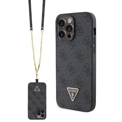 iPhone 14 Pro Max Kılıf Guess Orijinal Lisanslı PU Deri Taşlı Metal Üçgen Logolu Çapraz Vücut Askılı 4G Desenli Kılıf