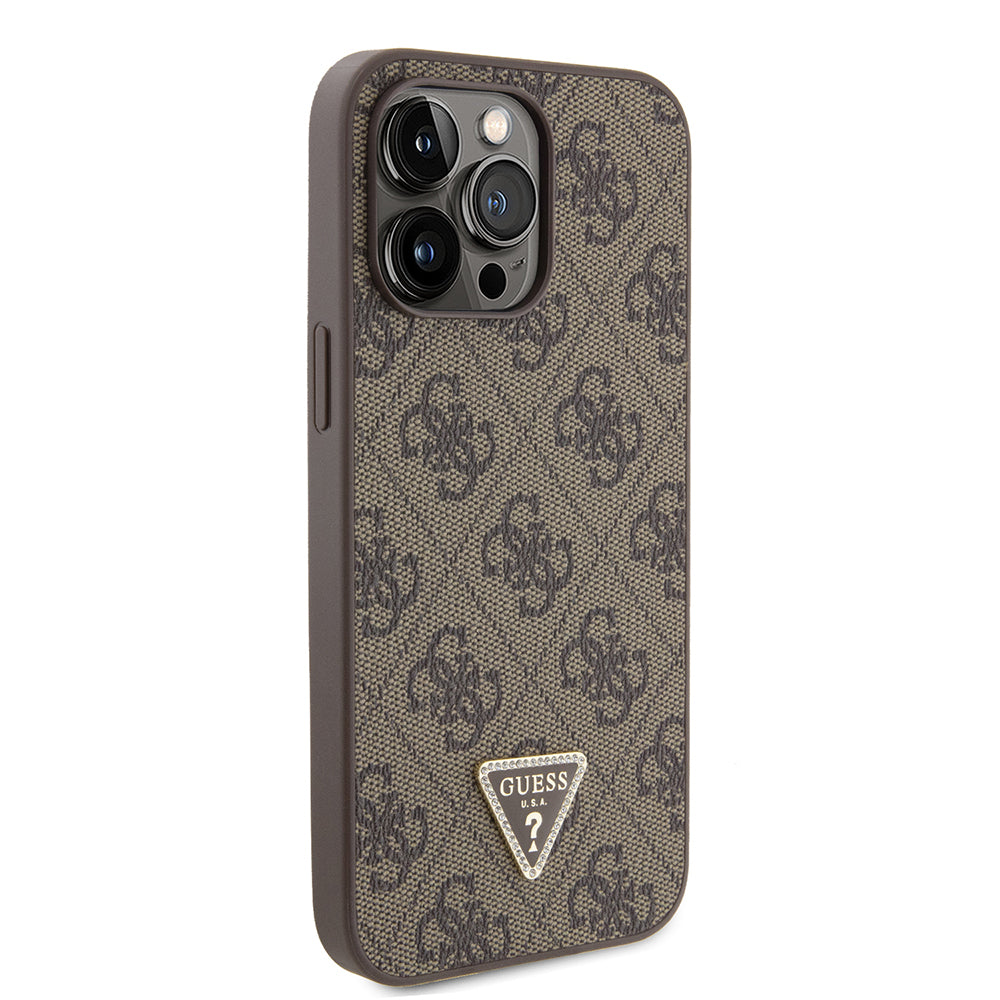 iPhone 14 Pro Max Kılıf Guess Orijinal Lisanslı PU Deri Taşlı Metal Üçgen Logolu Çapraz Vücut Askılı 4G Desenli Kılıf