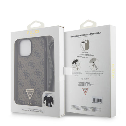 iPhone 14 Pro Max Kılıf Guess Orijinal Lisanslı PU Deri Taşlı Metal Üçgen Logolu Çapraz Vücut Askılı 4G Desenli Kılıf