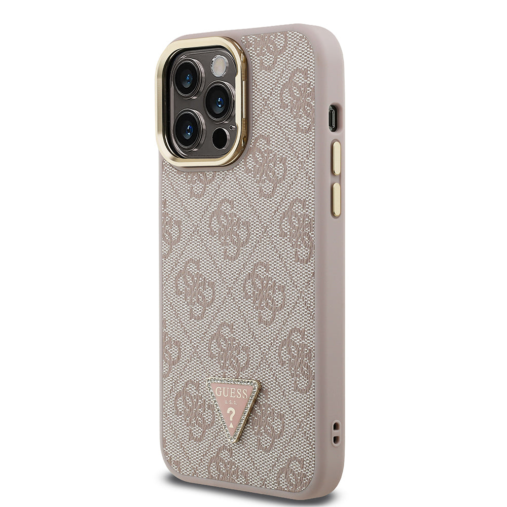 iPhone 14 Pro Max Kılıf Guess Orijinal Lisanslı PU Deri Taşlı Üçgen Logo 4G Desenli Kamera Standlı Kılıf