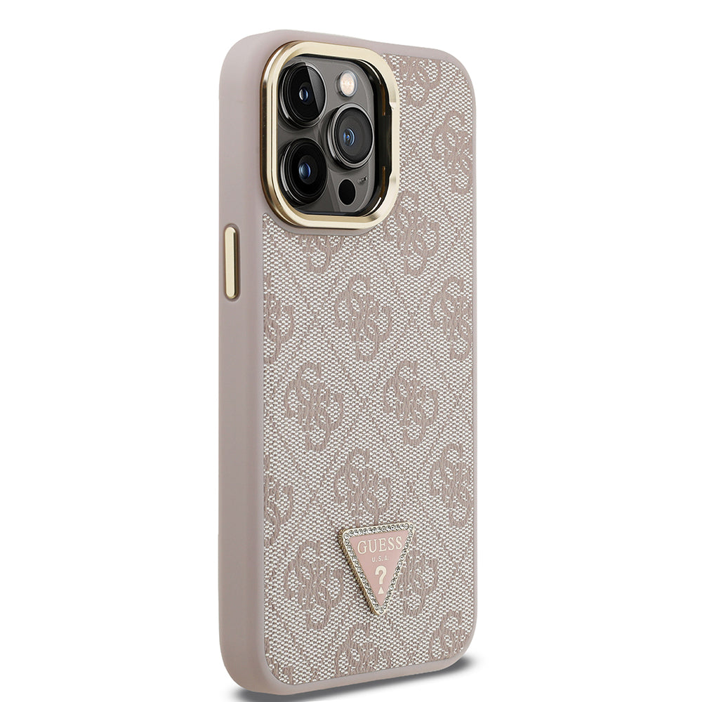 iPhone 14 Pro Max Kılıf Guess Orijinal Lisanslı PU Deri Taşlı Üçgen Logo 4G Desenli Kamera Standlı Kılıf