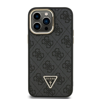 iPhone 14 Pro Max Kılıf Guess Orijinal Lisanslı PU Deri Taşlı Üçgen Logo 4G Desenli Kamera Standlı Kılıf