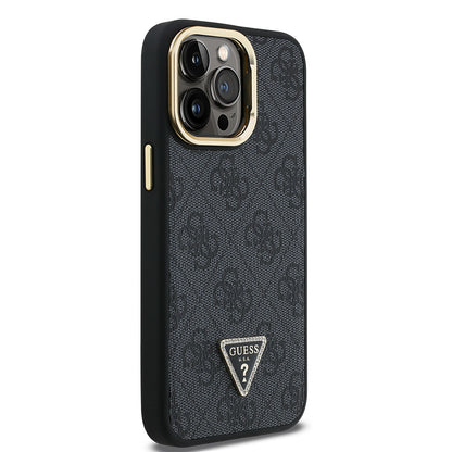 iPhone 14 Pro Max Kılıf Guess Orijinal Lisanslı PU Deri Taşlı Üçgen Logo 4G Desenli Kamera Standlı Kılıf