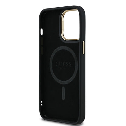 iPhone 14 Pro Max Kılıf Guess Orijinal Lisanslı PU Deri Taşlı Üçgen Logo 4G Desenli Kamera Standlı Kılıf