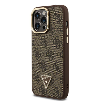 iPhone 14 Pro Max Kılıf Guess Orijinal Lisanslı PU Deri Taşlı Üçgen Logo 4G Desenli Kamera Standlı Kılıf