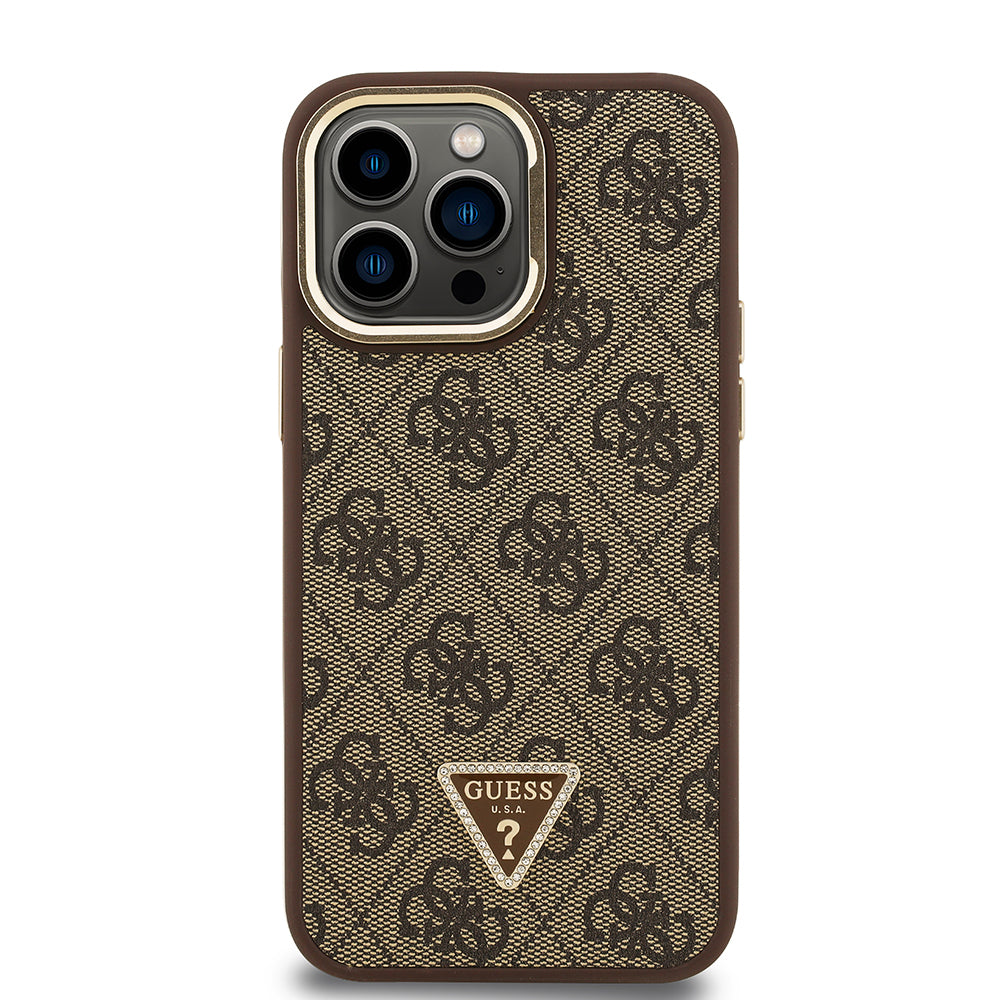 iPhone 14 Pro Max Kılıf Guess Orijinal Lisanslı PU Deri Taşlı Üçgen Logo 4G Desenli Kamera Standlı Kılıf