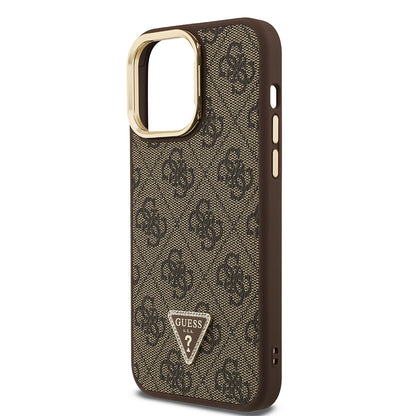 iPhone 14 Pro Max Kılıf Guess Orijinal Lisanslı PU Deri Taşlı Üçgen Logo 4G Desenli Kamera Standlı Kılıf
