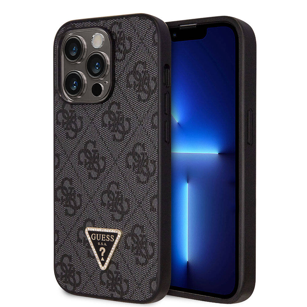 iPhone 14 Pro Max Kılıf Guess Orijinal Lisanslı PU Deri Taşlı Üçgen Logo 4G Desenli Kılıf