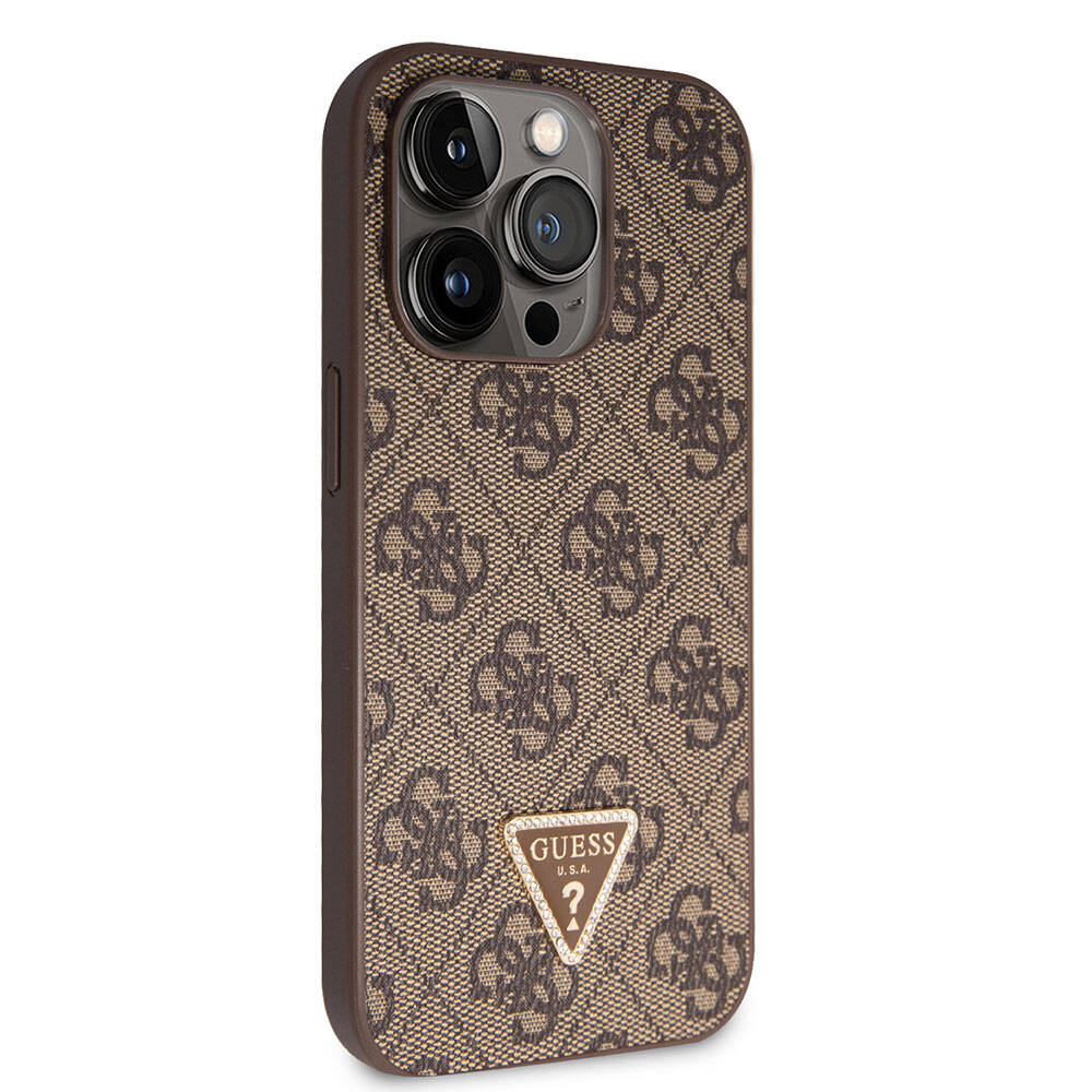 iPhone 14 Pro Max Kılıf Guess Orijinal Lisanslı PU Deri Taşlı Üçgen Logo 4G Desenli Kılıf