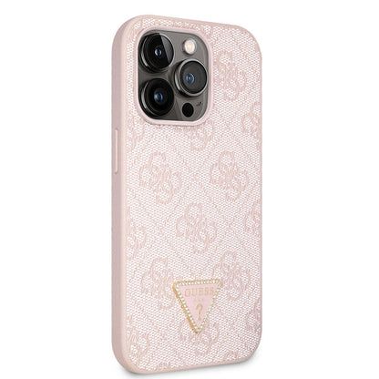 iPhone 14 Pro Max Kılıf Guess Orijinal Lisanslı PU Deri Taşlı Üçgen Logo 4G Desenli Kılıf