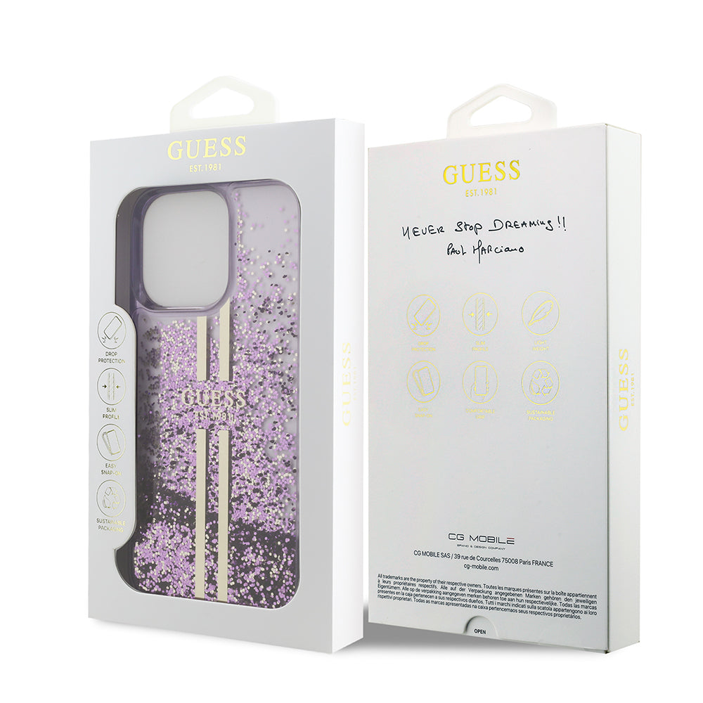 iPhone 14 Pro Max Kılıf Guess Orijinal Lisanslı Transparan Sıvılı Simli Altın Çizgili Kılıf