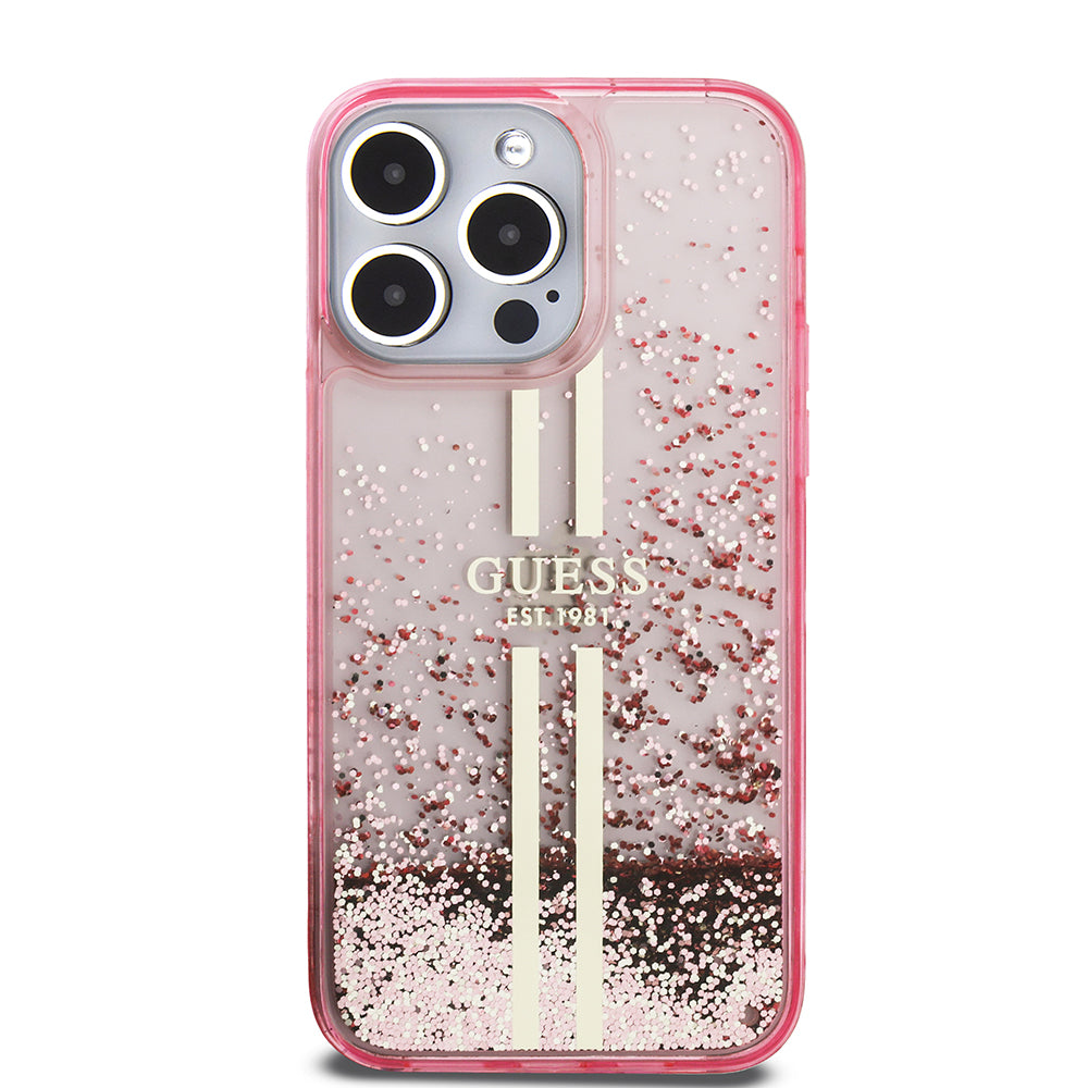 iPhone 14 Pro Max Kılıf Guess Orijinal Lisanslı Transparan Sıvılı Simli Altın Çizgili Kılıf