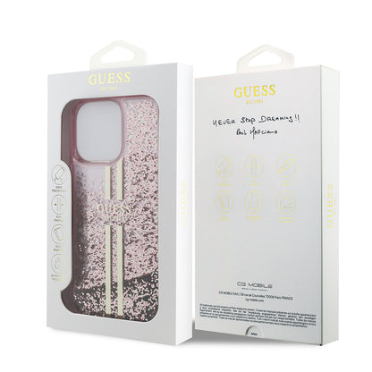 iPhone 14 Pro Max Kılıf Guess Orijinal Lisanslı Transparan Sıvılı Simli Altın Çizgili Kılıf