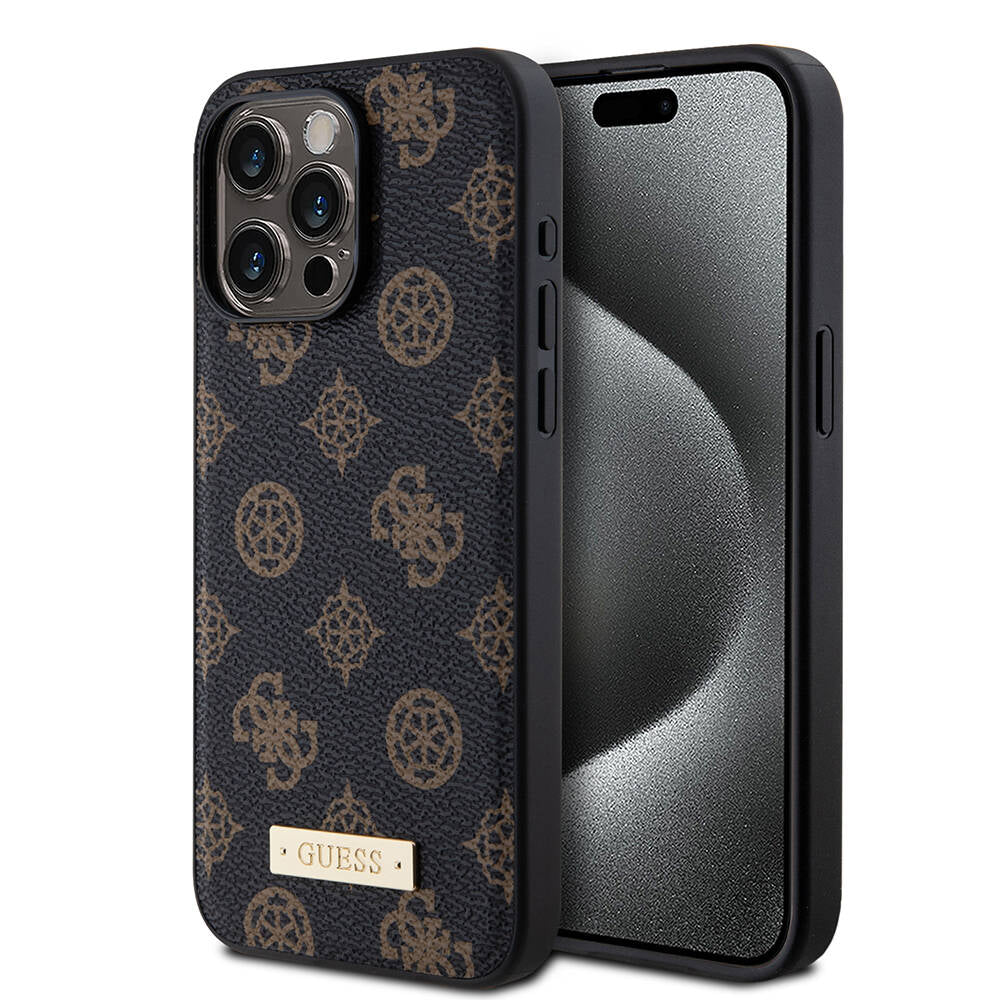 iPhone 14 Pro Max Kılıf Guess M-safe Şarj Özellikli PU Deri Desenli Metal Plaka Logolu Kılıf