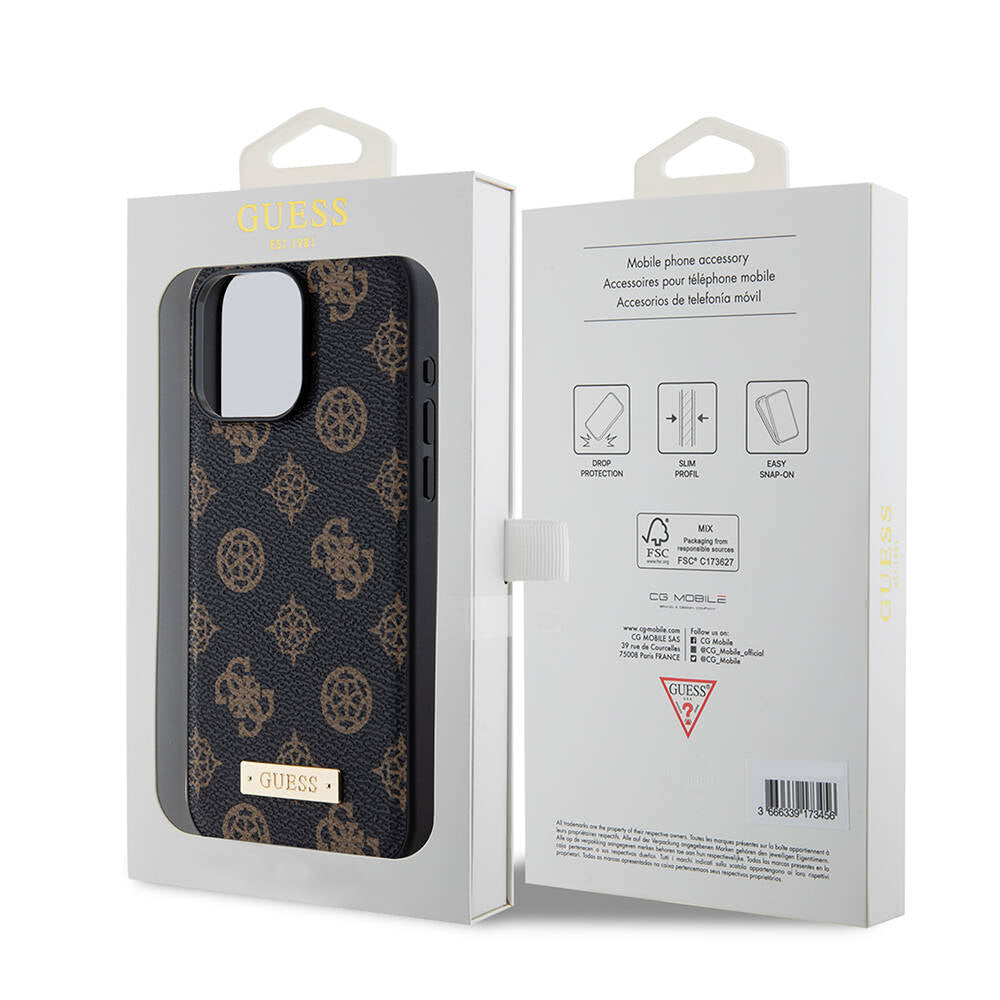 iPhone 14 Pro Max Kılıf Guess M-safe Şarj Özellikli PU Deri Desenli Metal Plaka Logolu Kılıf