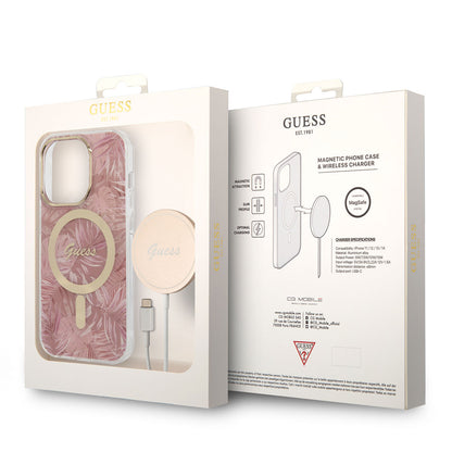 iPhone 14 Pro Max Kılıf GUESS M-safe Şarj Özellikli Yaprak Desenli M-safe Şarj Kablolu Kılıf