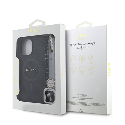 iPhone 14 Pro Max Kılıf Guess orijinal Lisanslı M-safe Şarj Özellikli PU Deri Bilek Askı İpli Yazı Logolu Kılıf