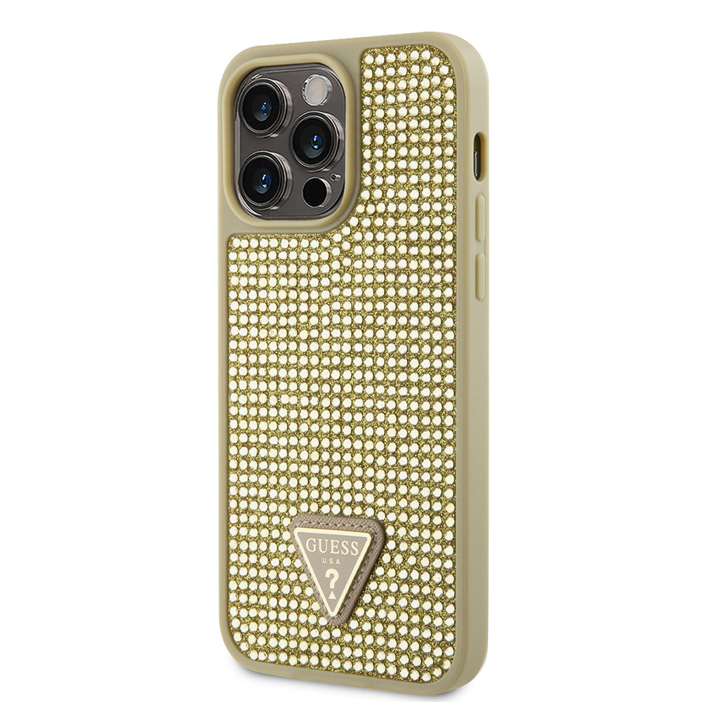 iPhone 14 Pro Max Kılıf Guess orijinal Lisanslı Taşlı Arka Yüzey Üçgen Logolu Kılıf