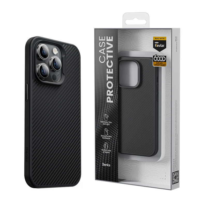 iPhone 14 Pro Max Kılıf Karbon Fiber M-safe Şarj Özellikli Benks 600D Hybrid Kevlar Kılıf