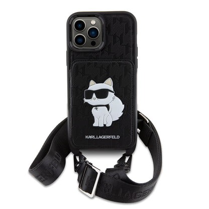 iPhone 14 Pro Max Kılıf Karl Lagerfeld Boyun Askılı Kartlıklı Choupette Dizayn Kılıf
