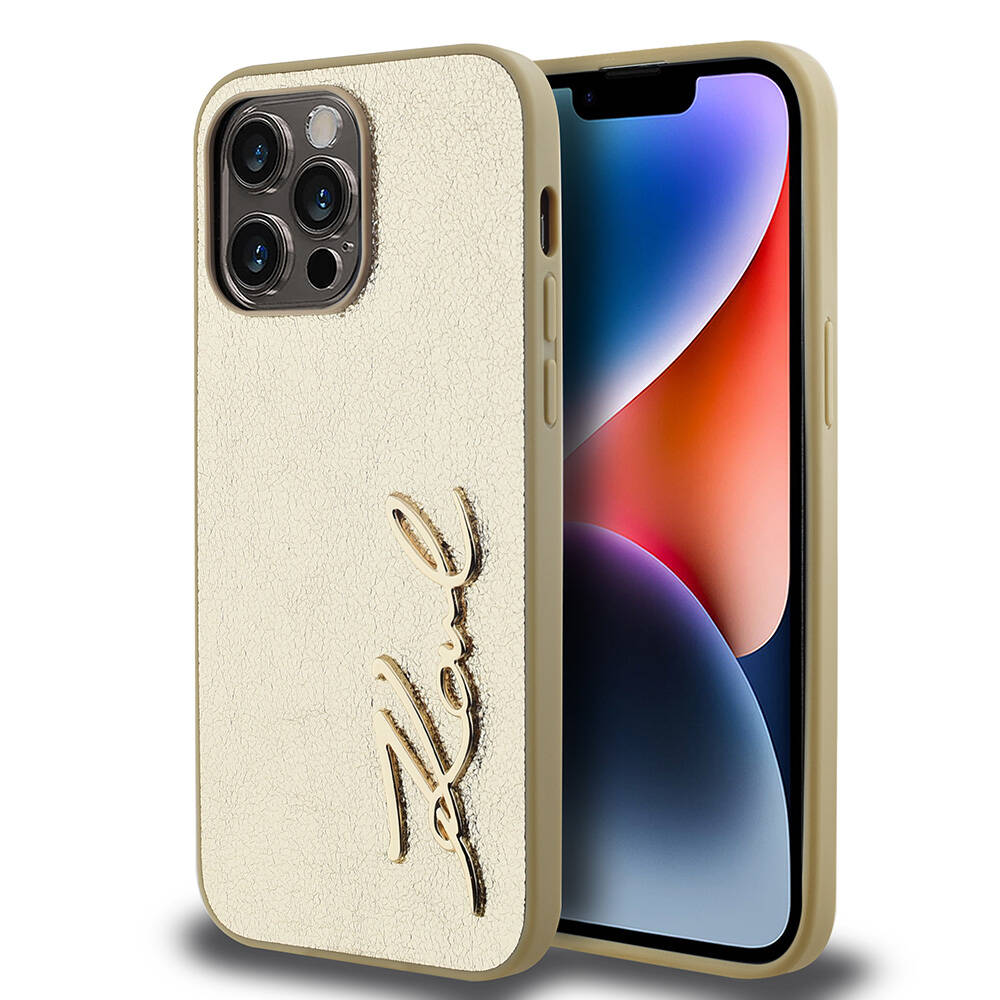 iPhone 14 Pro Max Kılıf Karl Lagerfeld orijinal Lisanslı 3D KL Yazılı Tüylü Arka Yüzey Saffiano Rhinestones Kılıf