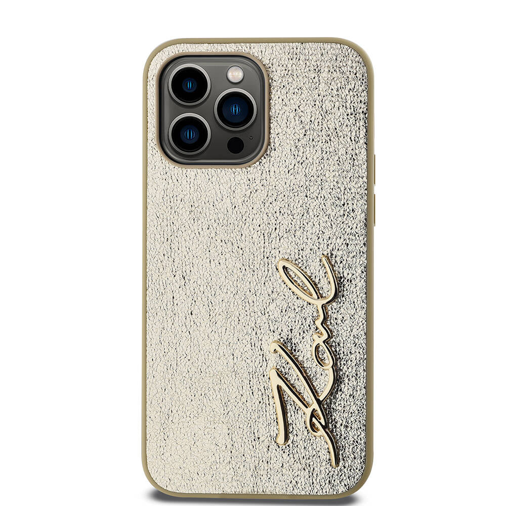 iPhone 14 Pro Max Kılıf Karl Lagerfeld orijinal Lisanslı 3D KL Yazılı Tüylü Arka Yüzey Saffiano Rhinestones Kılıf