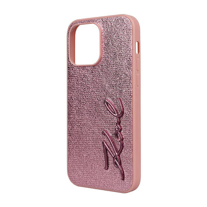 iPhone 14 Pro Max Kılıf Karl Lagerfeld orijinal Lisanslı 3D KL Yazılı Tüylü Arka Yüzey Saffiano Rhinestones Kılıf
