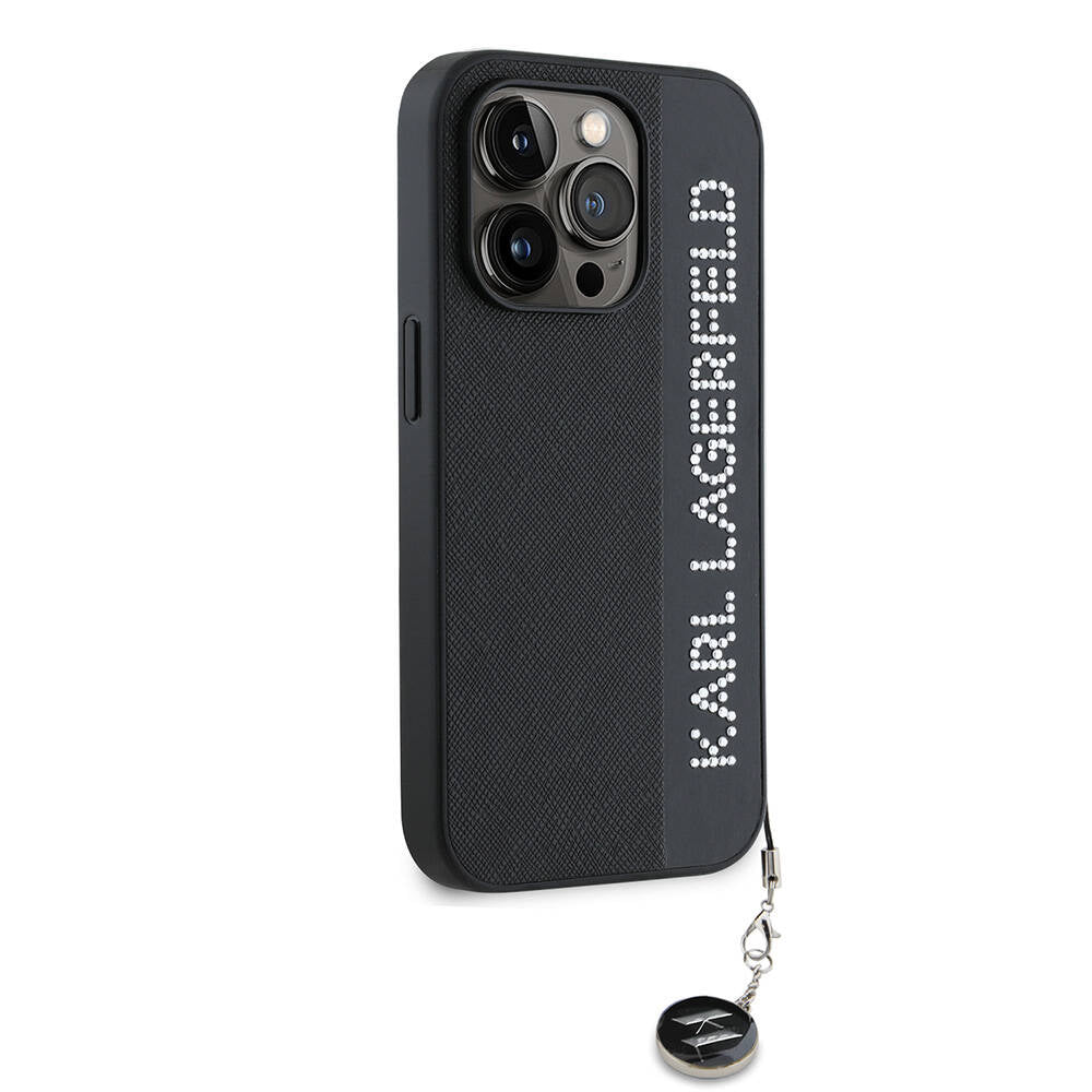 iPhone 14 Pro Max Kılıf Karl Lagerfeld orijinal Lisanslı Anahtarlıklı Taşlı KL Yazılı Saffiano Rhinestones Kılıf