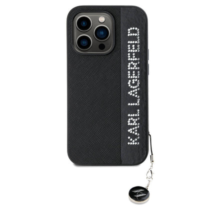 iPhone 14 Pro Max Kılıf Karl Lagerfeld orijinal Lisanslı Anahtarlıklı Taşlı KL Yazılı Saffiano Rhinestones Kılıf