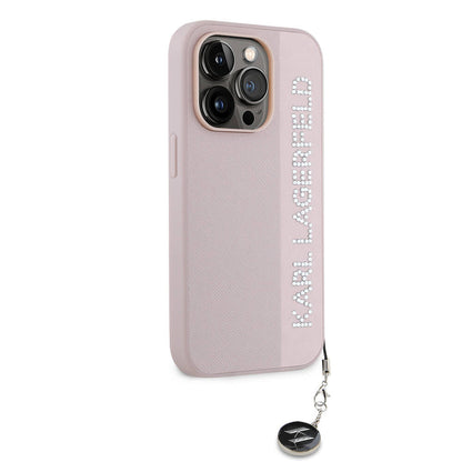 iPhone 14 Pro Max Kılıf Karl Lagerfeld orijinal Lisanslı Anahtarlıklı Taşlı KL Yazılı Saffiano Rhinestones Kılıf