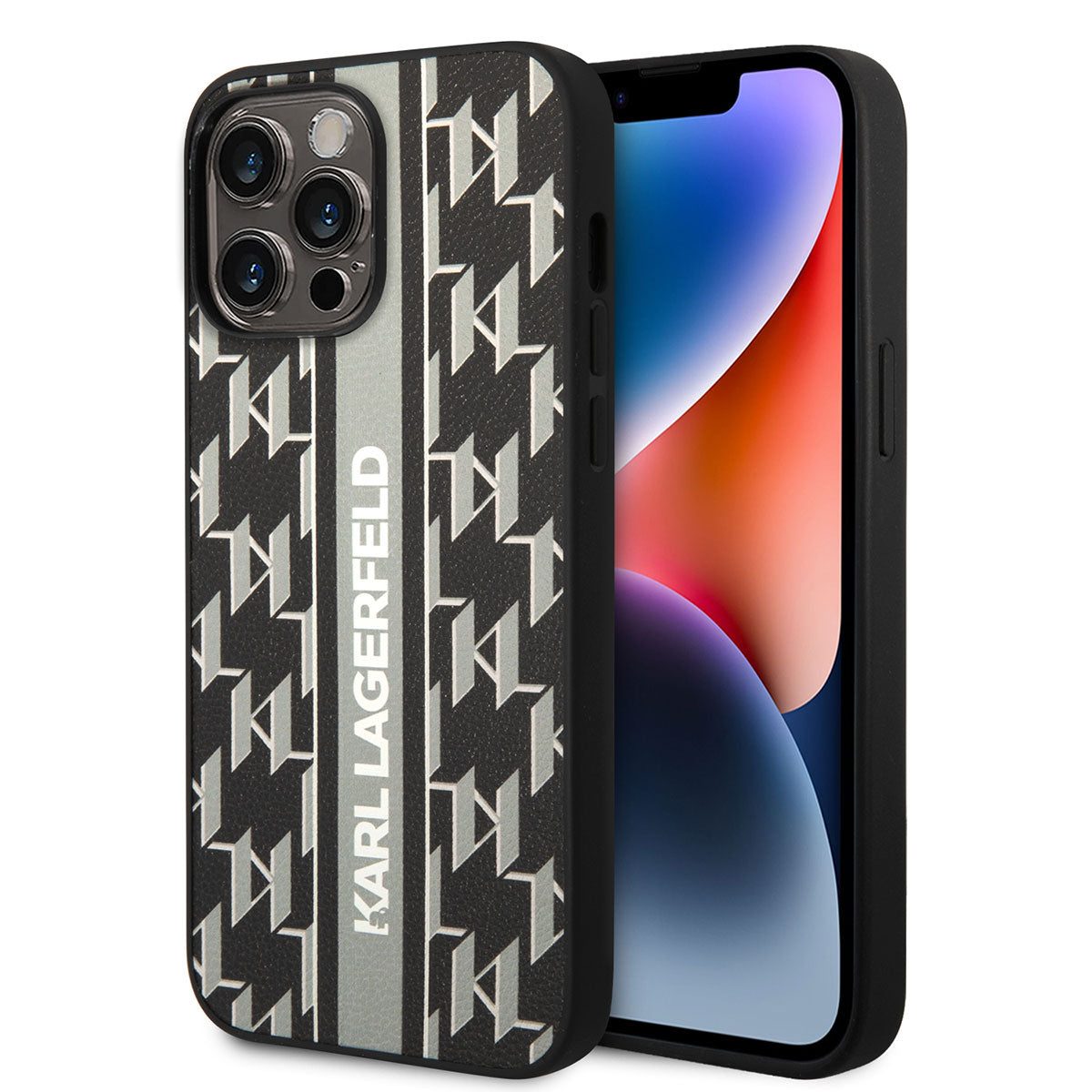 iPhone 14 Pro Max Kılıf Karl Lagerfeld PU Suni Deri Şerit Dizayn Kılıf