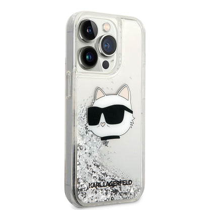 iPhone 14 Pro Max Kılıf Karl Lagerfeld Sıvılı Simli Choupette Head Dizayn Kılıf