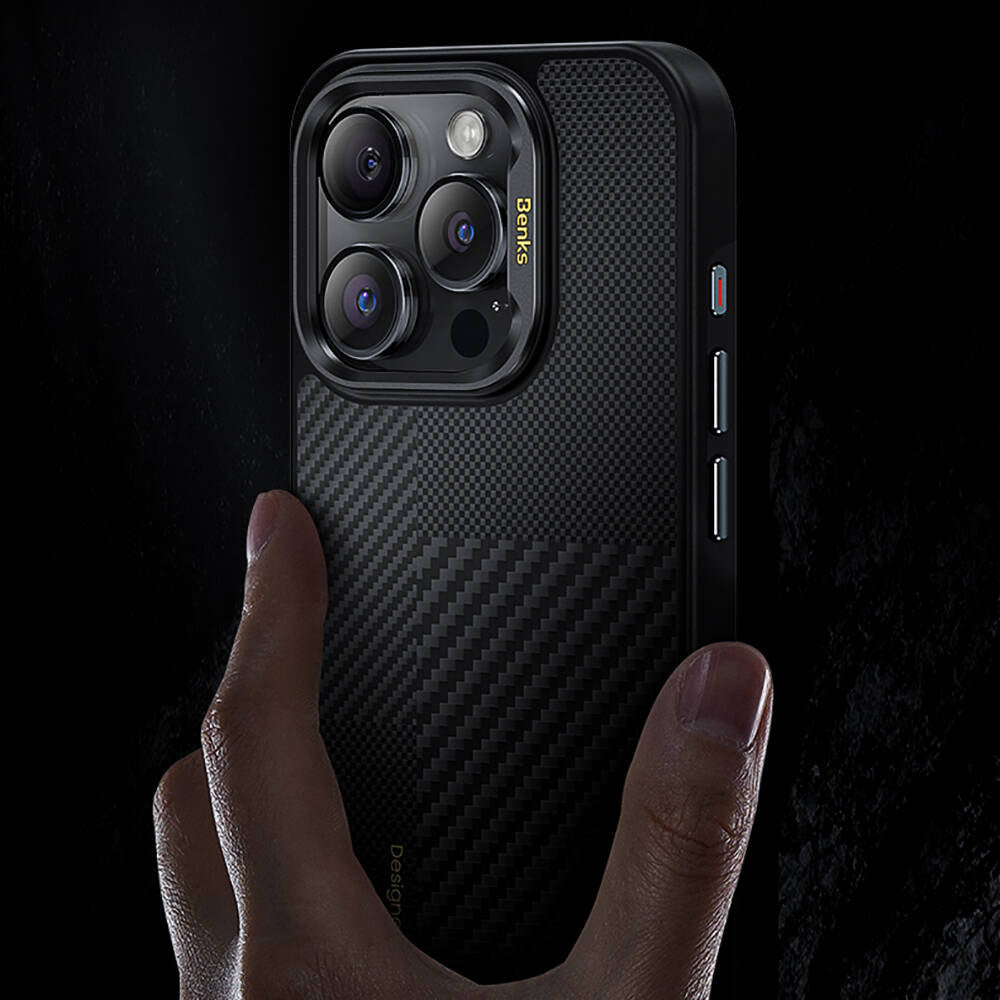 iPhone 14 Pro Max Kılıf M-safe Şarj Özellikli Karbon Fiber Benks Montage Hybrid ArmorPro Kevlar Kılıf