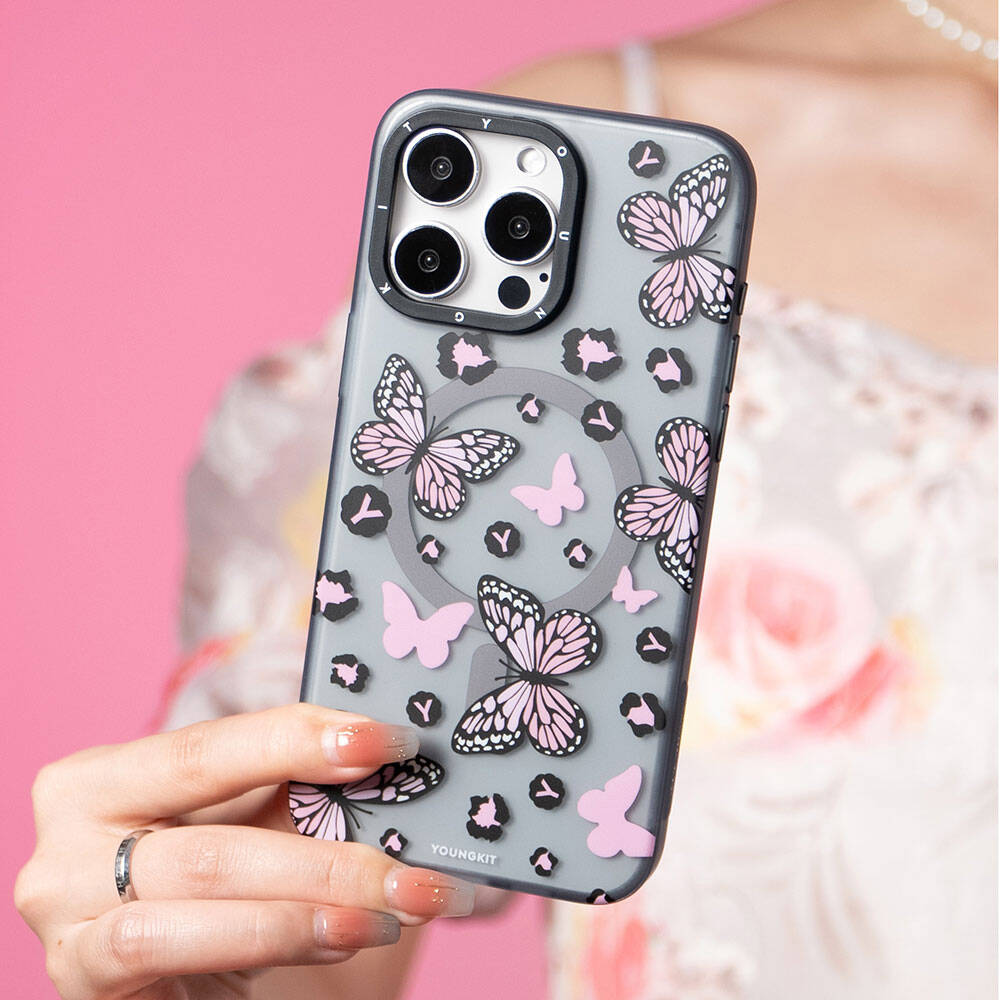 iPhone 14 Pro Max Kılıf M-safe Şarj Özellikli Kelebek Desenli Youngkit Shadow Dance Serisi Kılıf