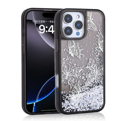 iPhone 14 Pro Max Kılıf Sıvılı Simli Kelebek Baskılı Şeffaf Arka Yüzey Zore Glis Silikon Kılıf