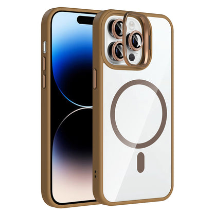 iPhone 14 Pro Max Kılıf Standlı ve Kamera Lens Hediyeli M-Safe Şarj Özellikli Zore Etro Kılıf